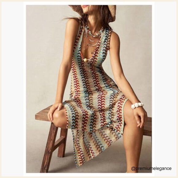 Boho Crochet Maxi Dress Summer Beach Vacation Bodycon Tank Sundress - Picture 5 of 5